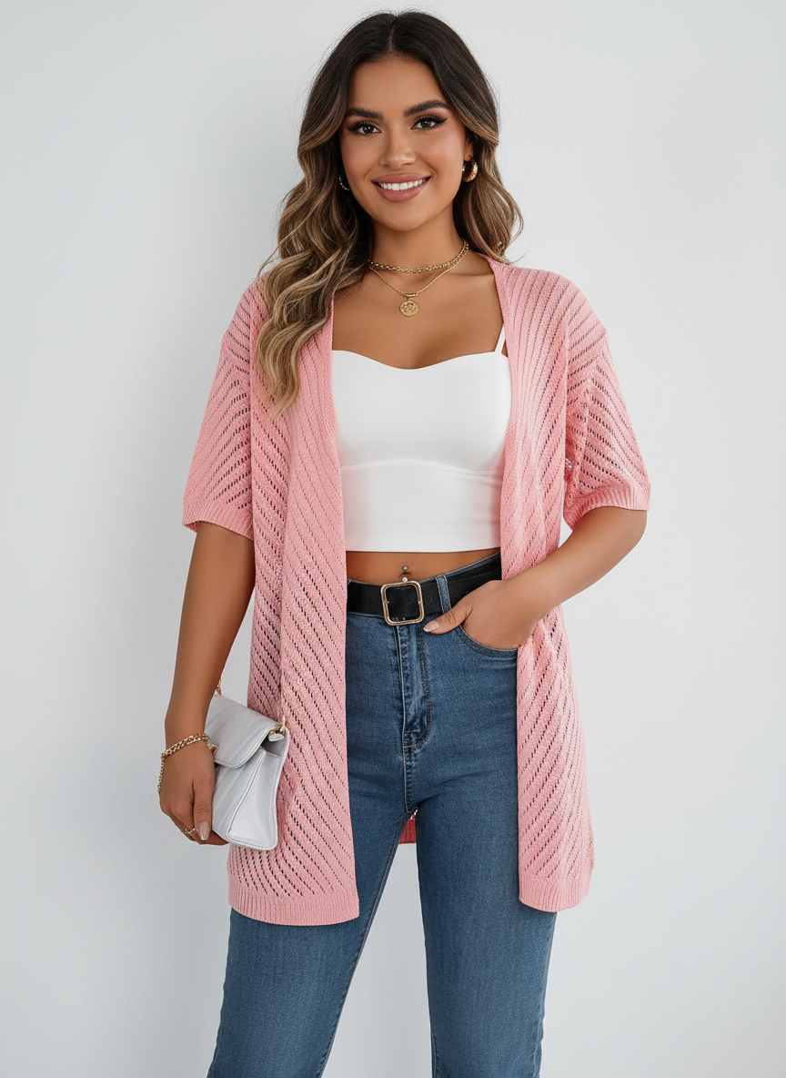 Luchtig gebreid vest met open model voor dames in roze