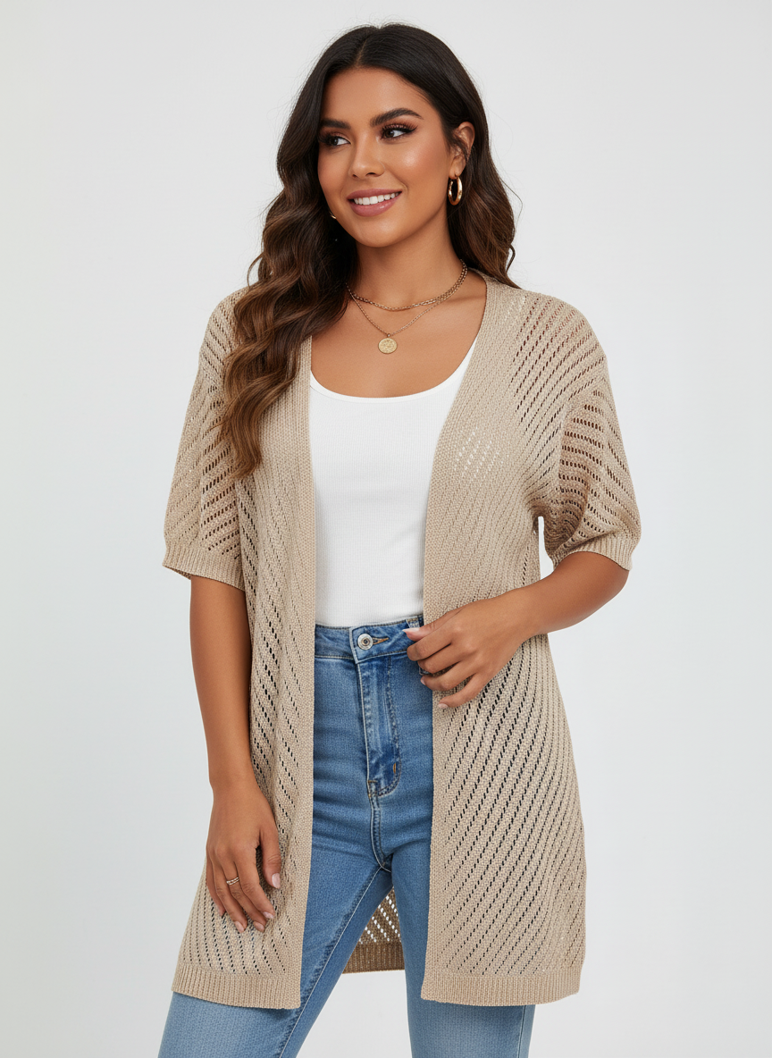 Luchtig gebreid vest met open model voor dames in beige
