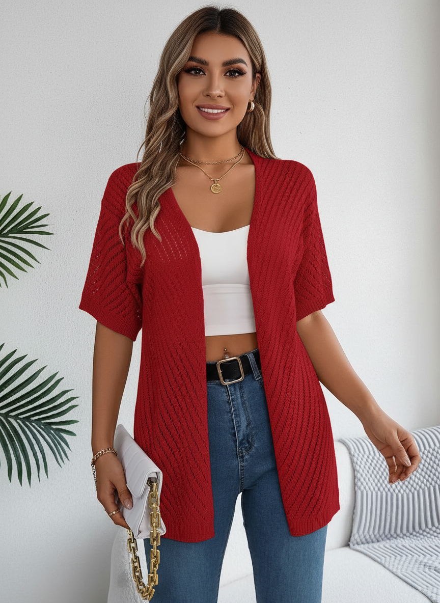 Luchtig gebreid vest met open model voor dames in rood