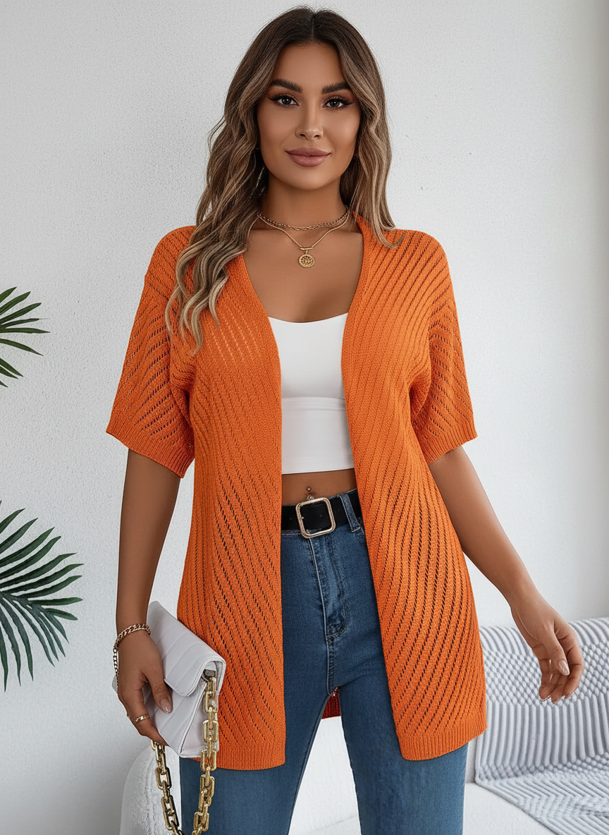Luchtig gebreid vest met open model voor dames in oranje