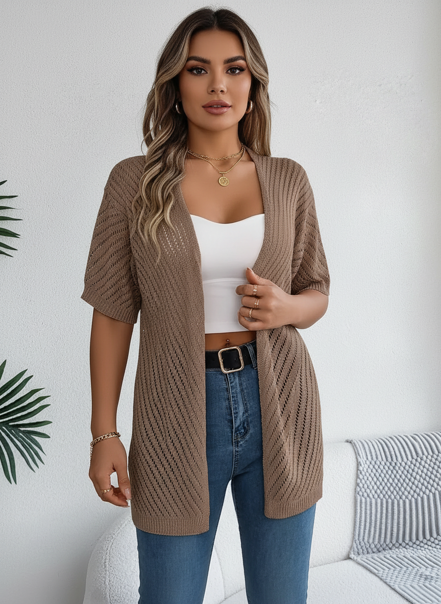 Luchtig gebreid vest met open model voor dames in bruin