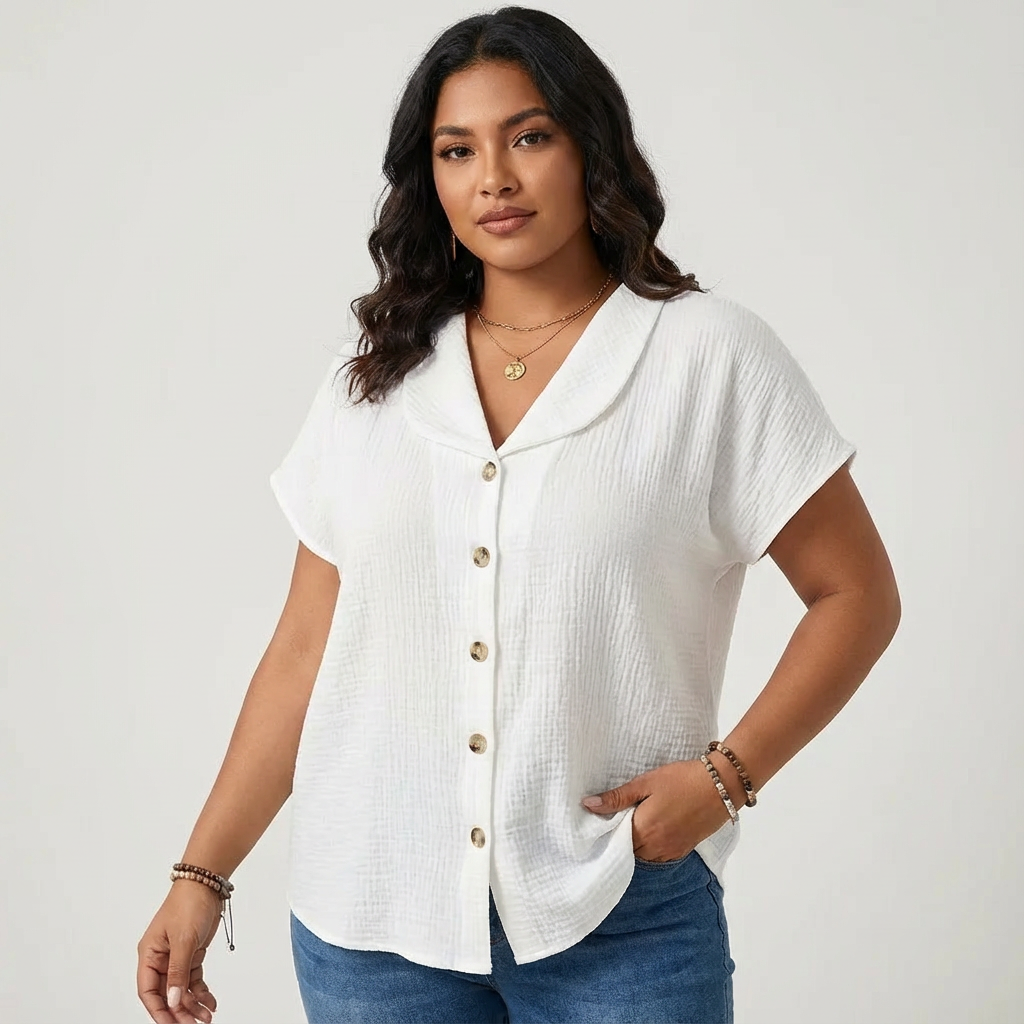 Luchtige blouse met knoopsluiting en korte mouwen voor dames in wit