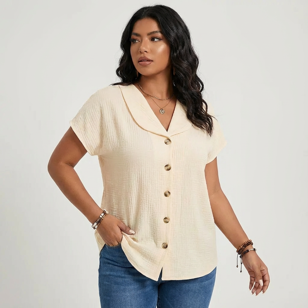 Luchtige blouse met knoopsluiting en korte mouwen voor dames in geel
