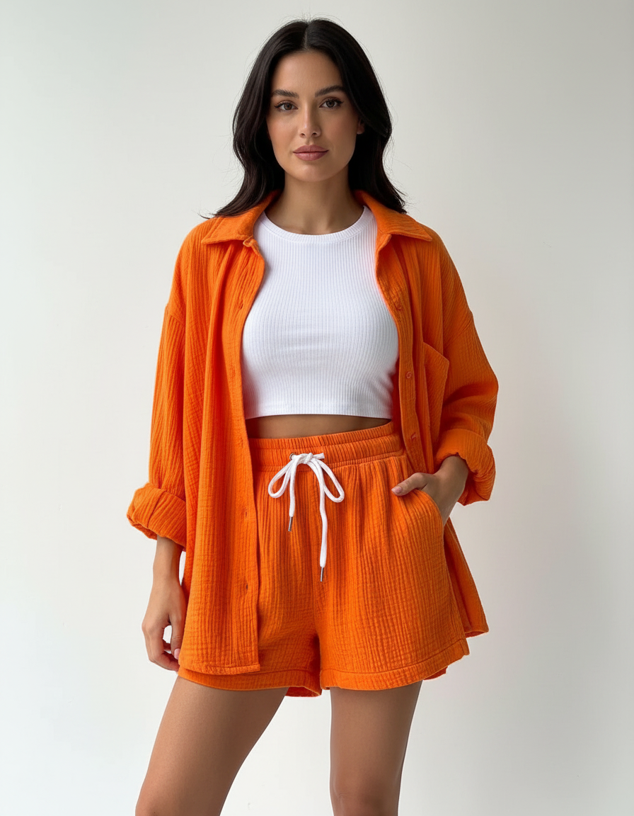 Luchtige lounge set met short voor dames in oranje