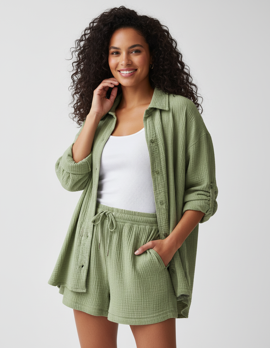 Luchtige lounge set met short voor dames in lichtgroen