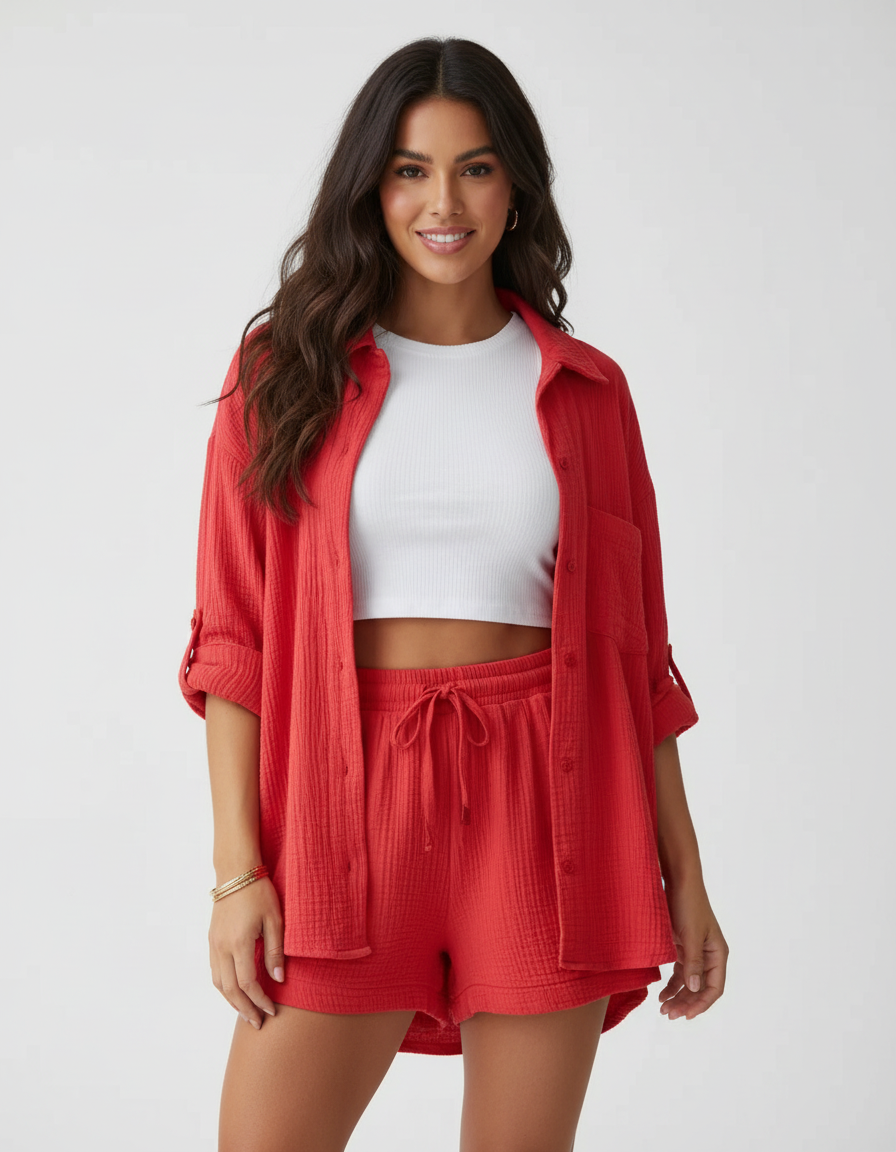 Luchtige lounge set met short voor dames in rood