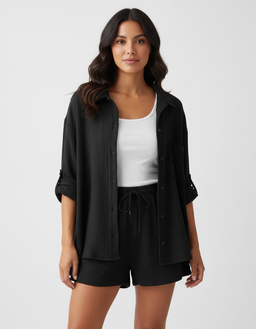 Luchtige lounge set met short voor dames in zwart