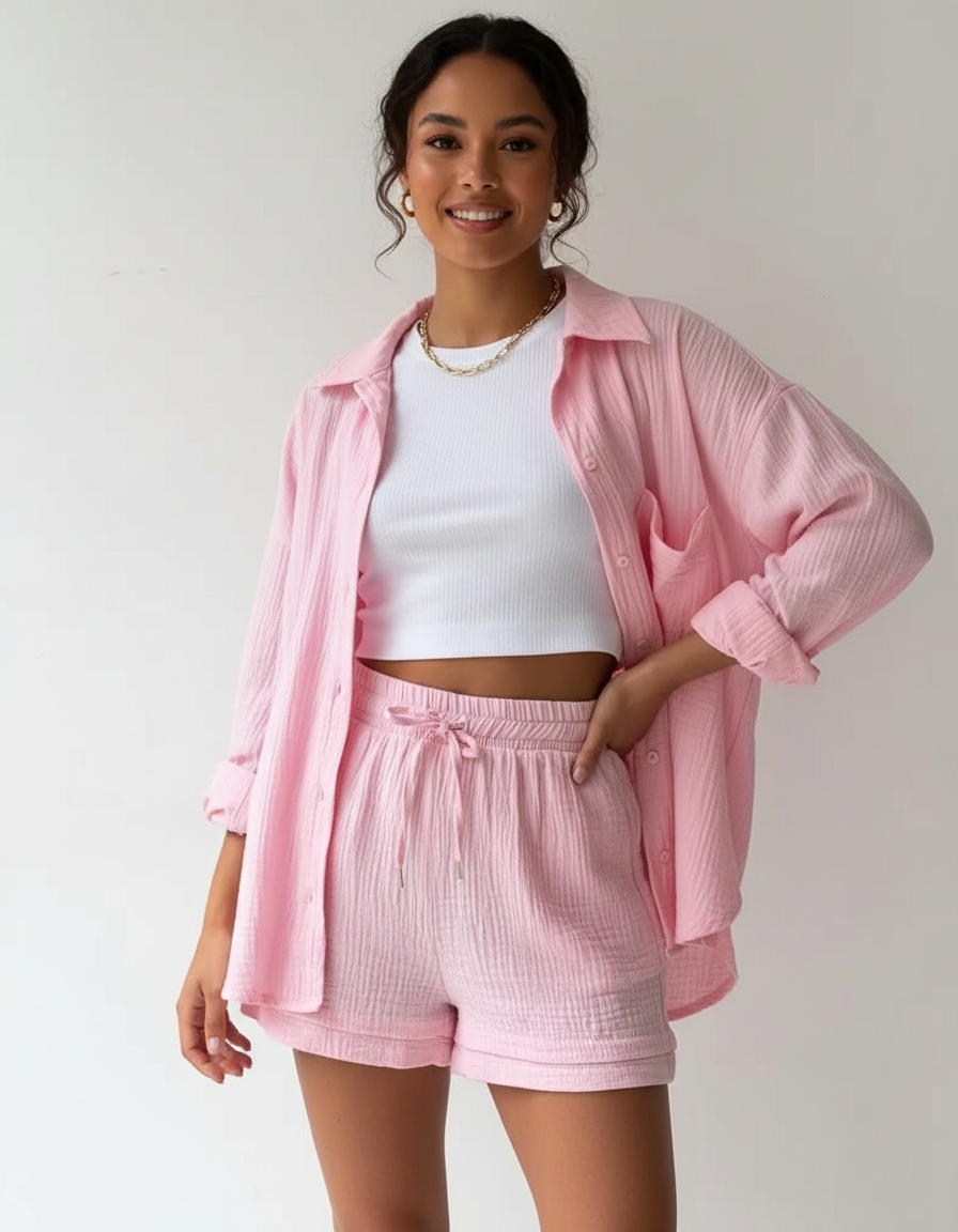 Luchtige lounge set met short voor dames in lichtroze