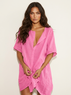 Luchtige strandtuniek met V-hals voor dames in roze