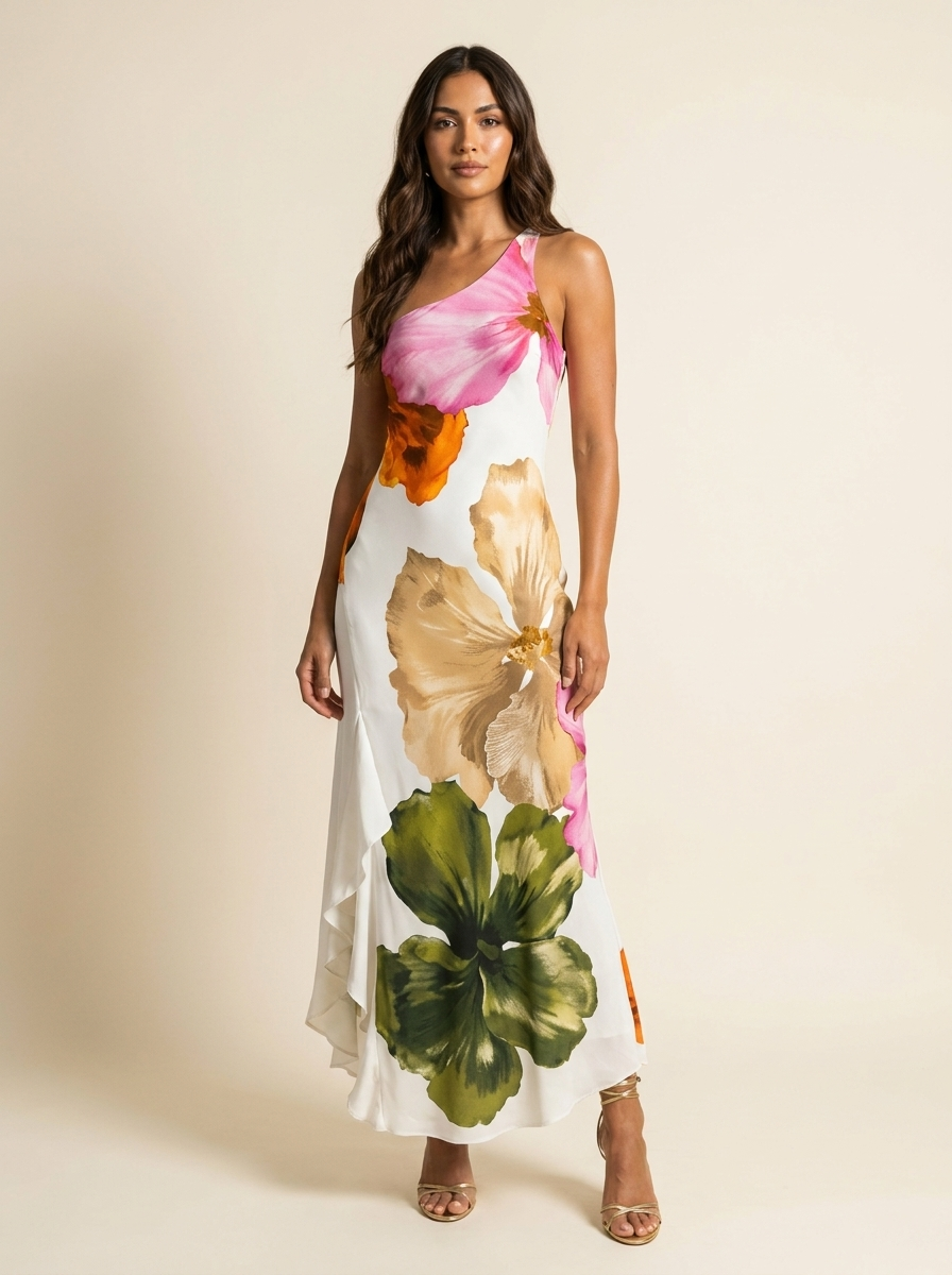 Maxi jurk met asymmetrische schouder en bloemenprint voor dames in wit