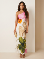 Maxi jurk met asymmetrische schouder en bloemenprint voor dames in wit