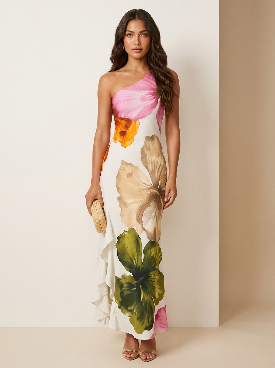 Maxi jurk met asymmetrische schouder en bloemenprint voor dames in wit