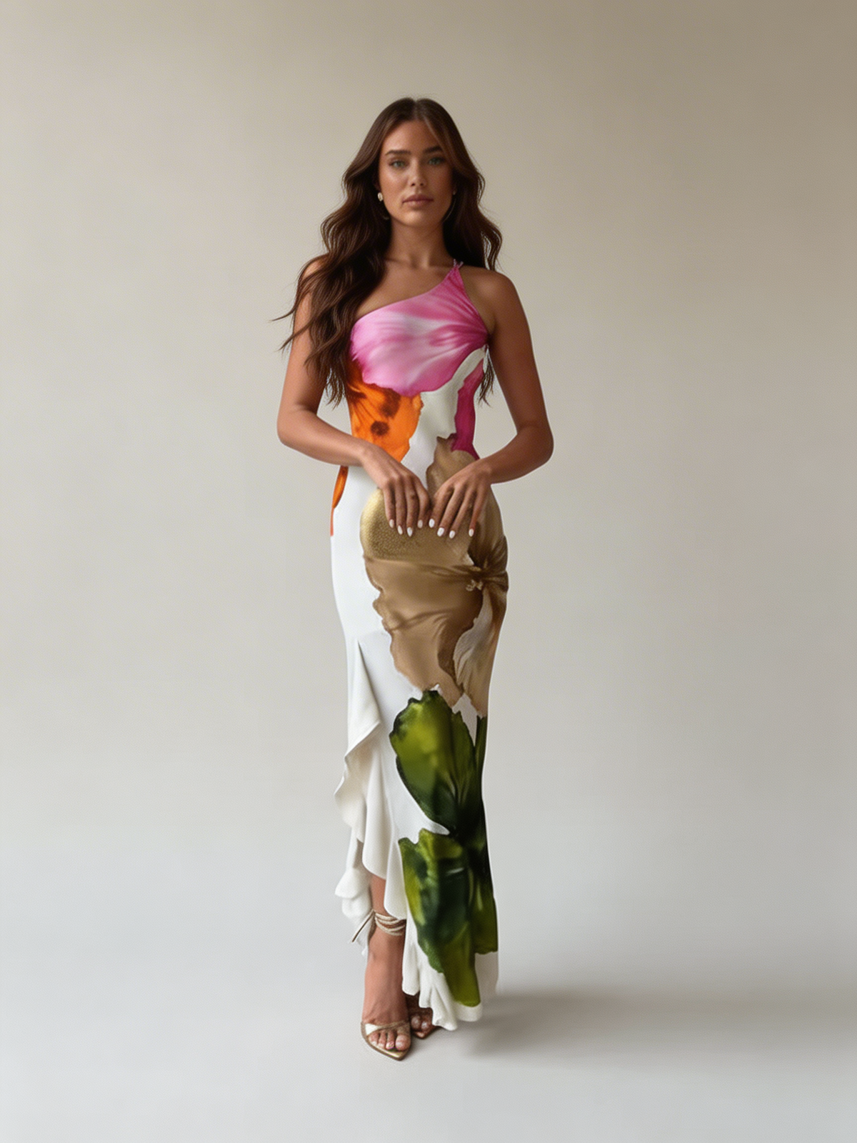 Maxi jurk met asymmetrische schouder en bloemenprint voor dames in wit