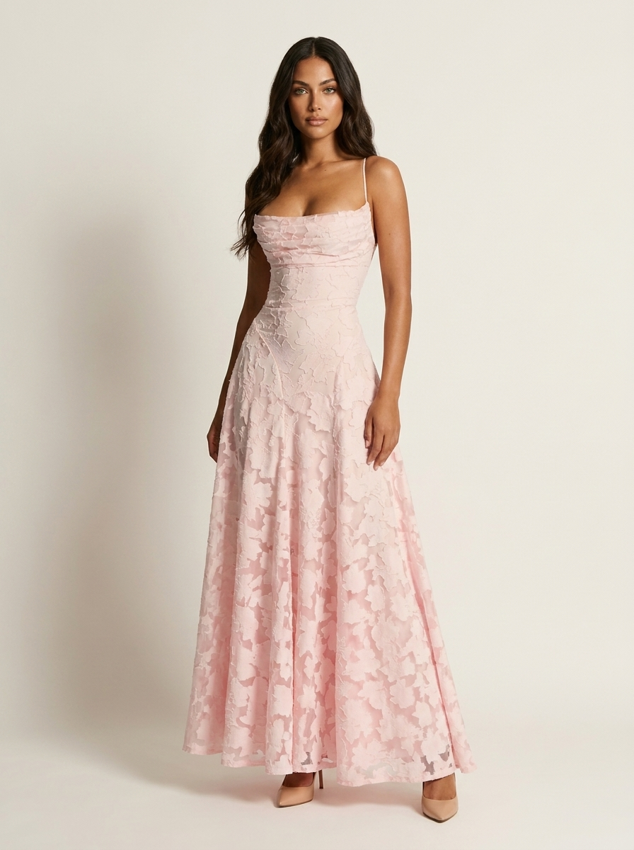Maxi jurk met spaghettibandjes en bloemenjacquard voor dames in roze