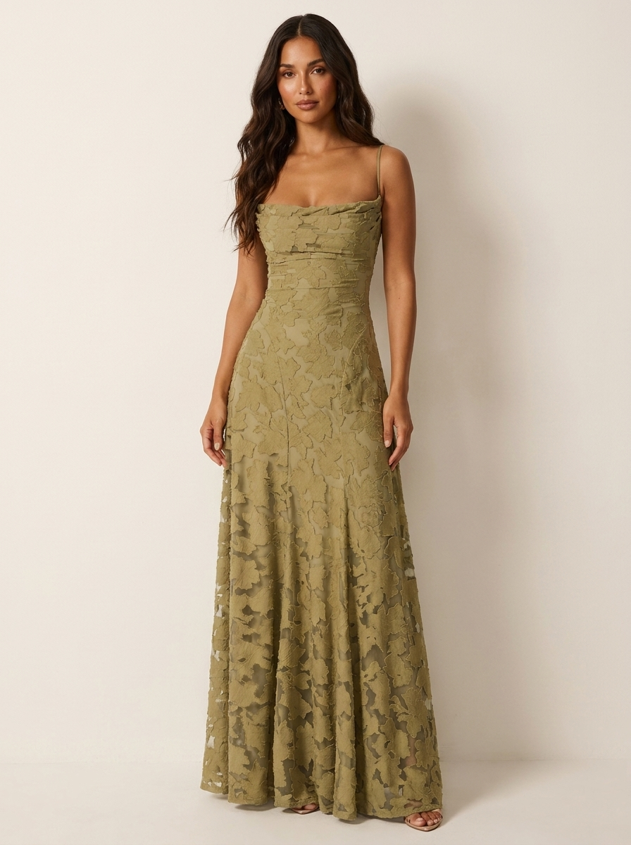 Maxi jurk met spaghettibandjes en bloemenjacquard voor dames in saliegroen