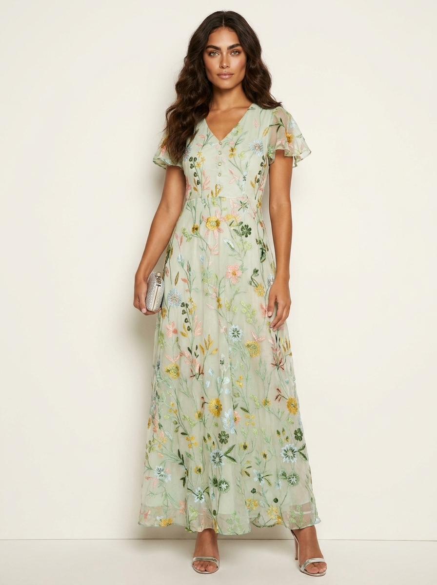 Maxi jurk met bloemenprint en V-hals