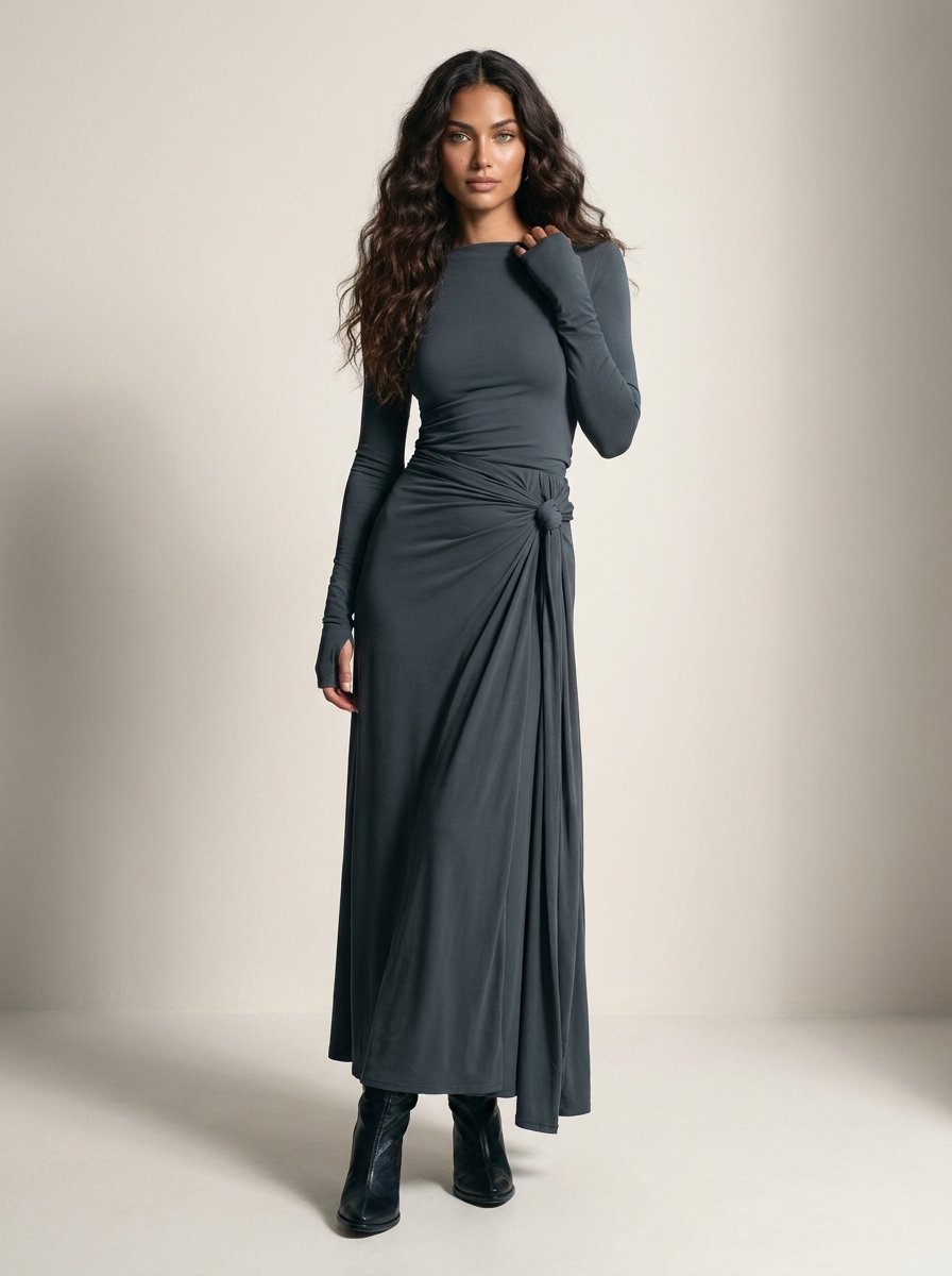 Maxi jurk met drapering en split in grijs