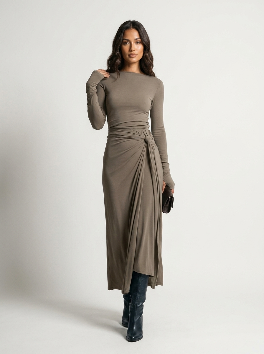 Maxi jurk met drapering en split in khaki