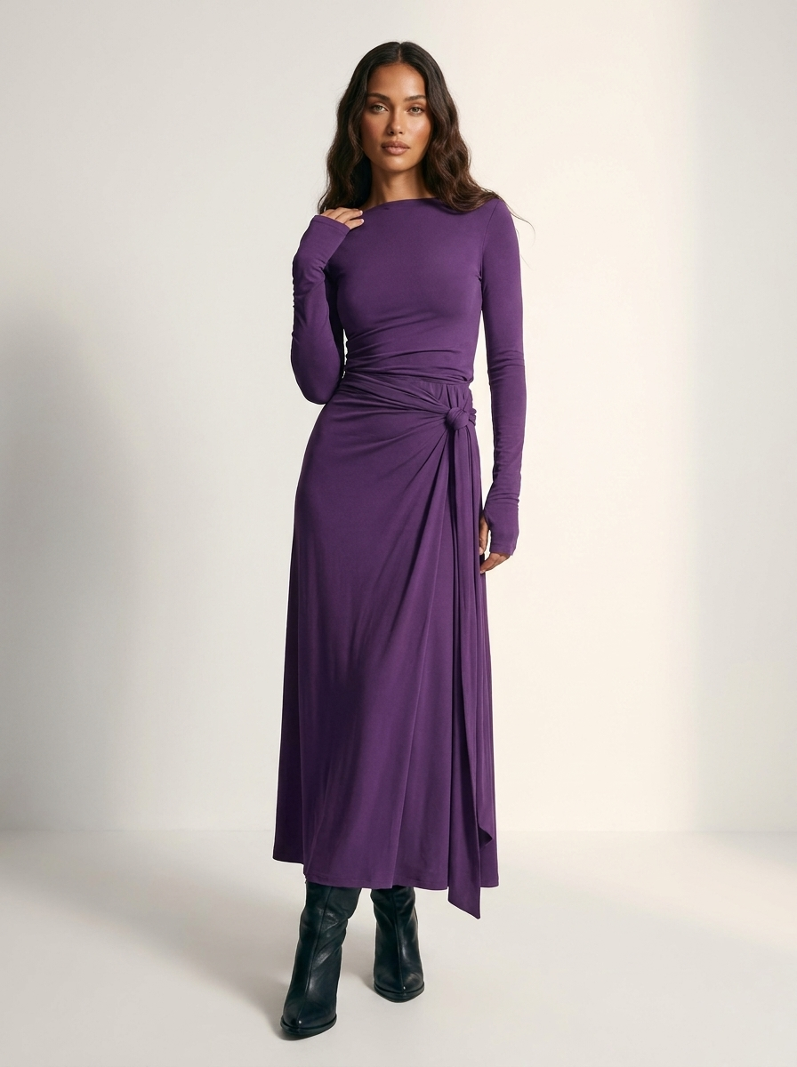Maxi jurk met drapering en split in paars