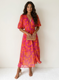 Maxi jurk met bloemenprint en V-hals voor dames in roze oranje
