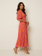 Maxi jurk met bloemenprint en V-hals voor dames in roze oranje