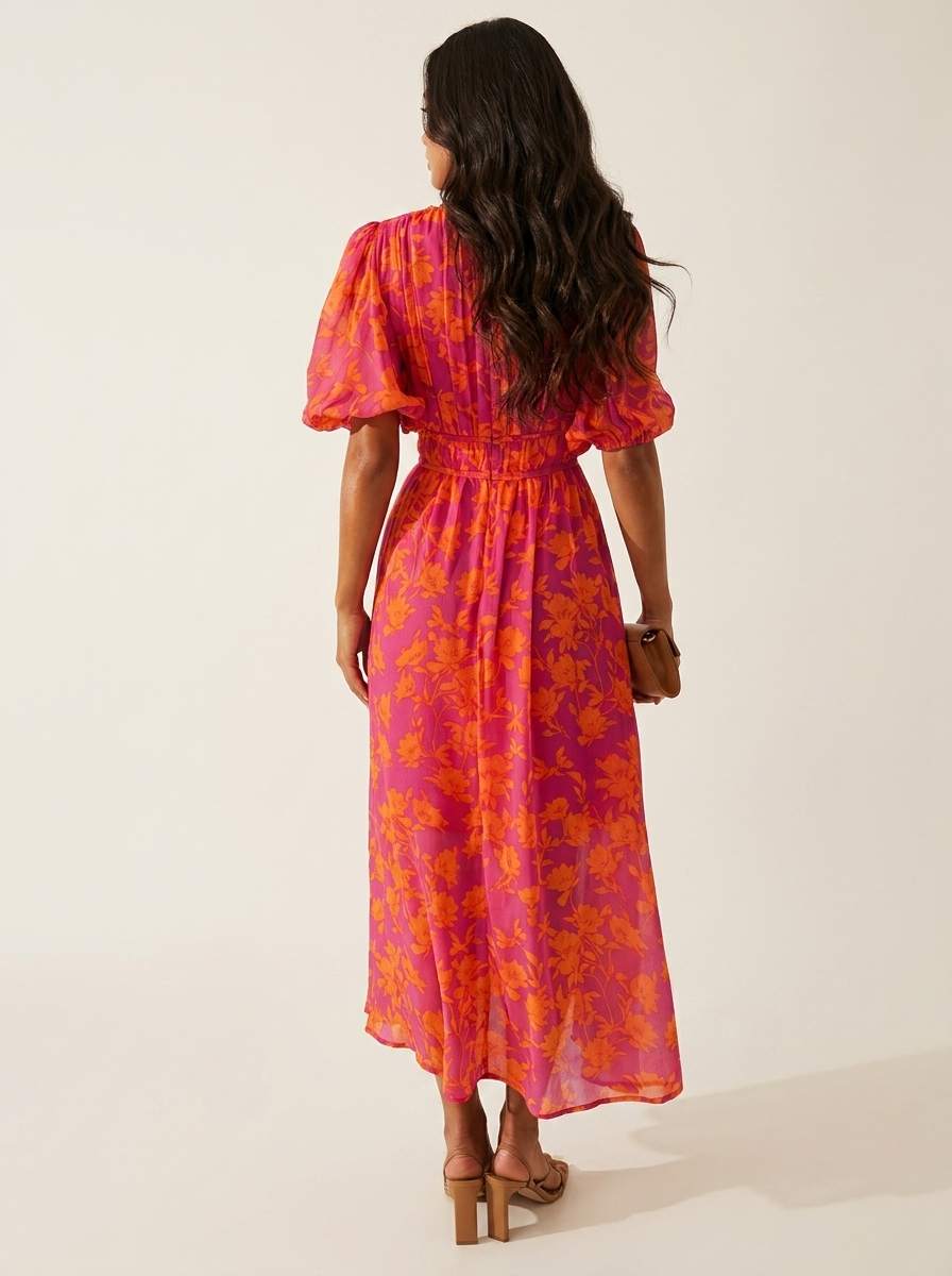 Maxi jurk met bloemenprint en V-hals voor dames in roze oranje