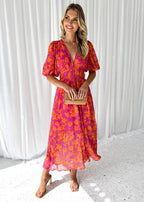 Maxi jurk met bloemenprint en V-hals voor dames in roze oranje