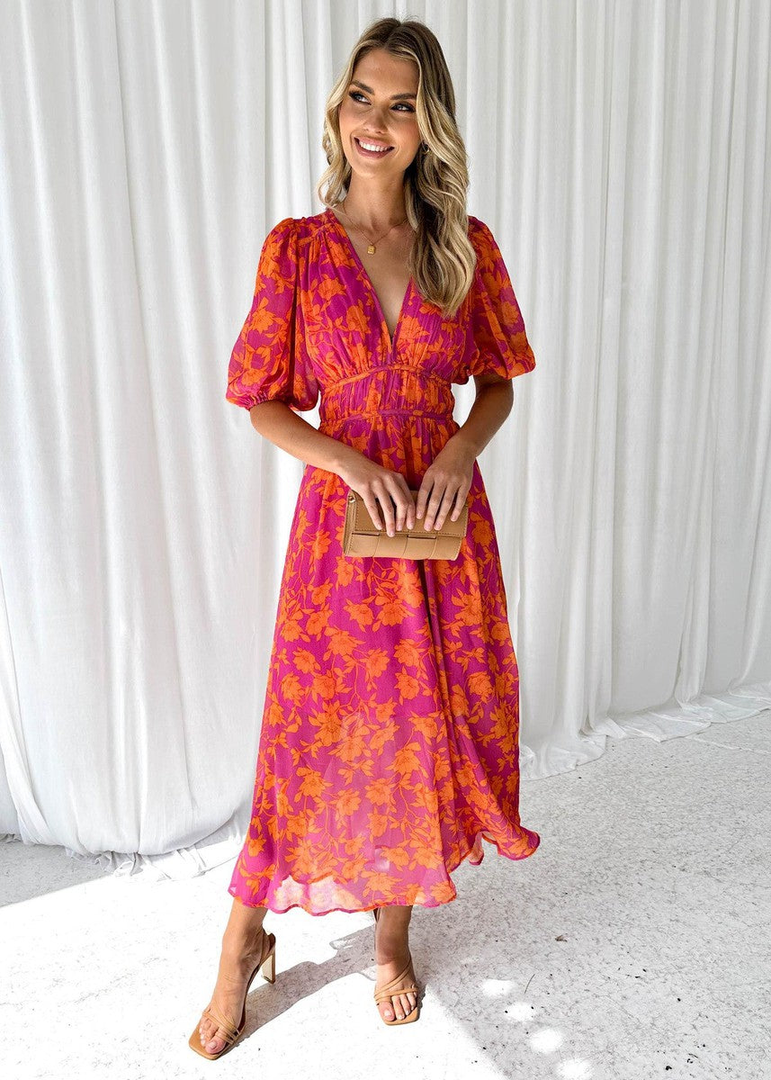 Maxi jurk met bloemenprint en V-hals voor dames in roze oranje