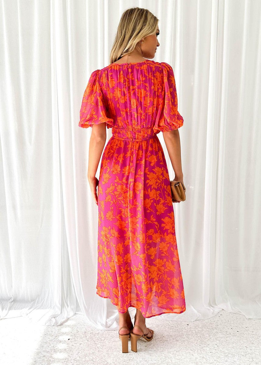 Maxi jurk met bloemenprint en V-hals voor dames in roze oranje