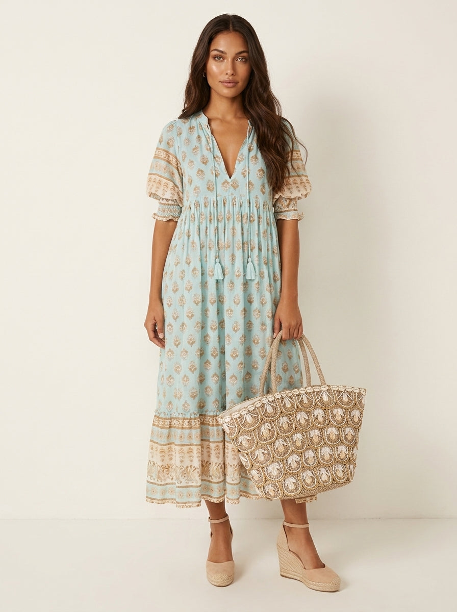 Maxi jurk met bohemian print en V-hals voor dames in blauw