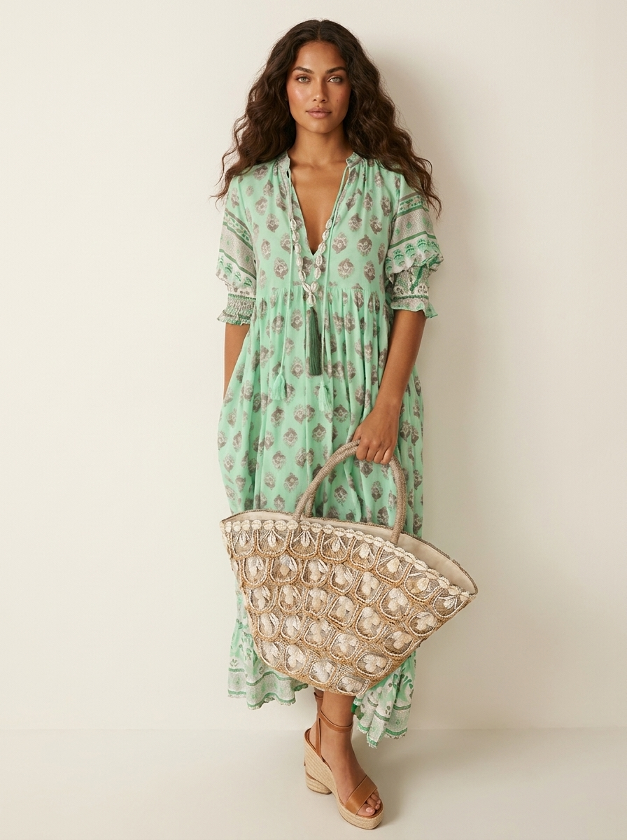 Maxi jurk met bohemian print en V-hals voor dames in groen