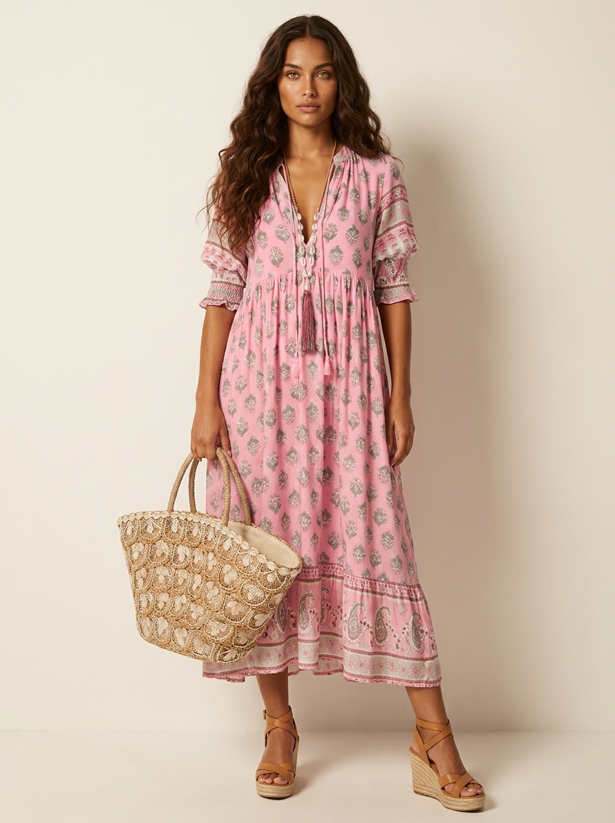 Maxi jurk met bohemian print en V-hals voor dames in roze