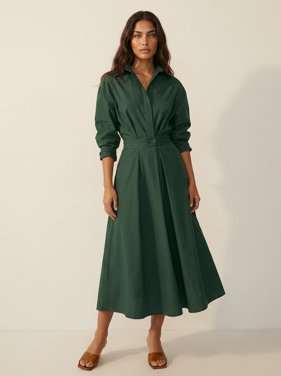 Maxi jurk met kraag en getailleerde taille voor dames in leger groen
