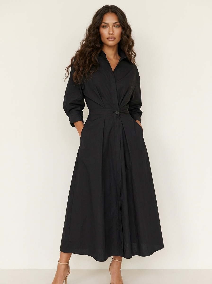 Maxi jurk met kraag en getailleerde taille voor dames in zwart