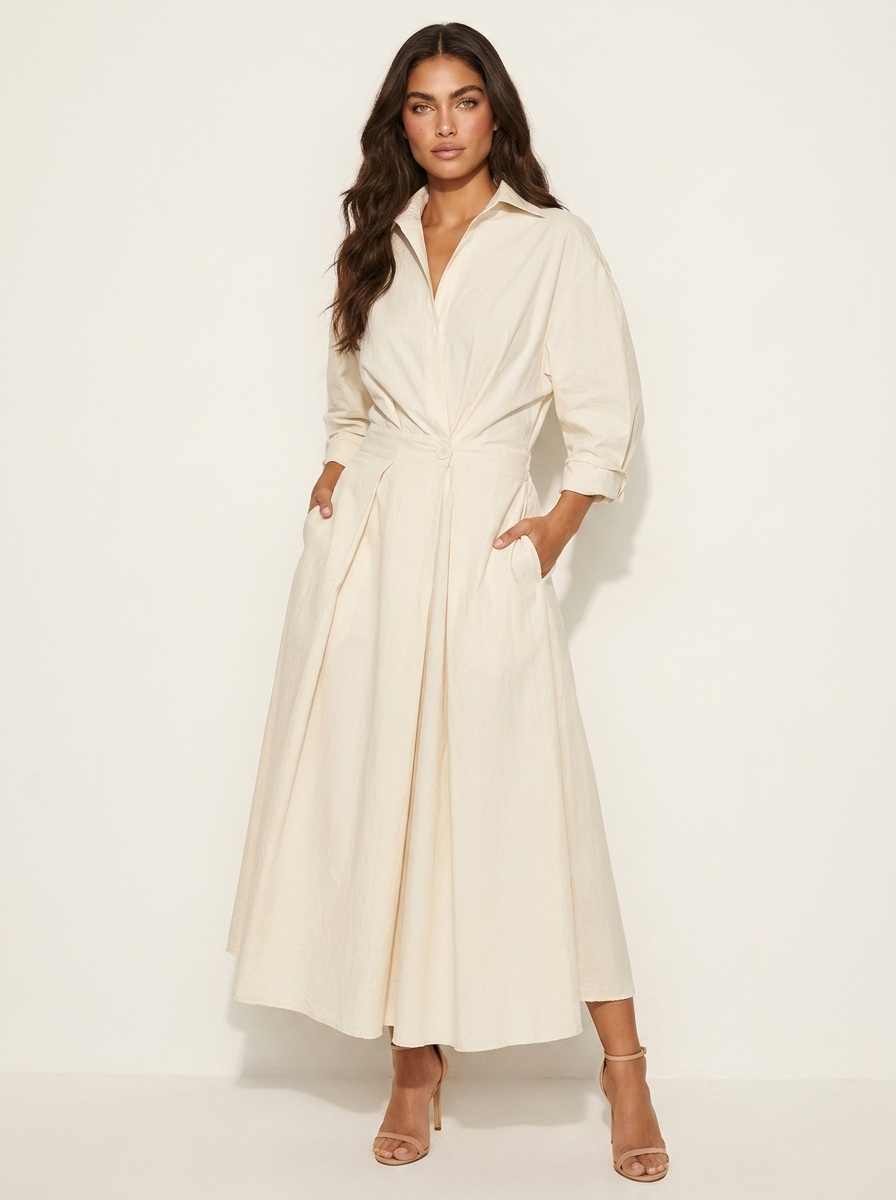 Maxi jurk met kraag en getailleerde taille voor dames in beige