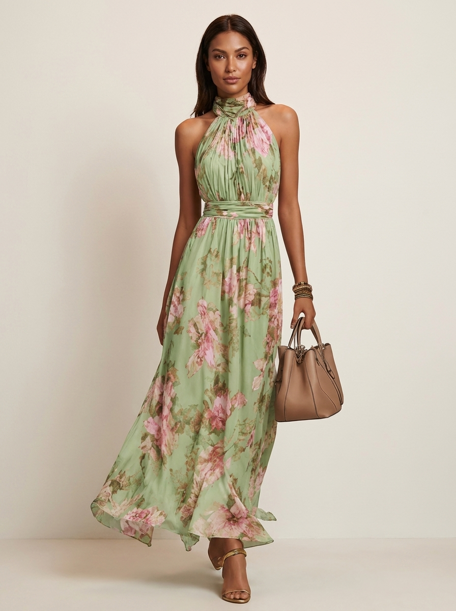 Maxi jurk met halterhals en bloemenprint voor dames in groen