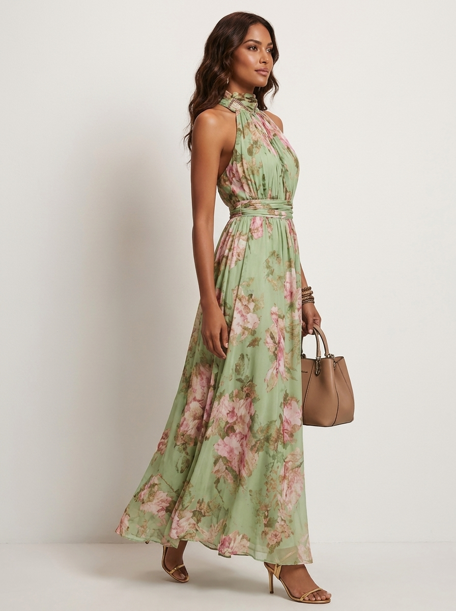 Maxi jurk met halterhals en bloemenprint voor dames in groen