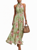 Maxi jurk met halterhals en bloemenprint voor dames in groen
