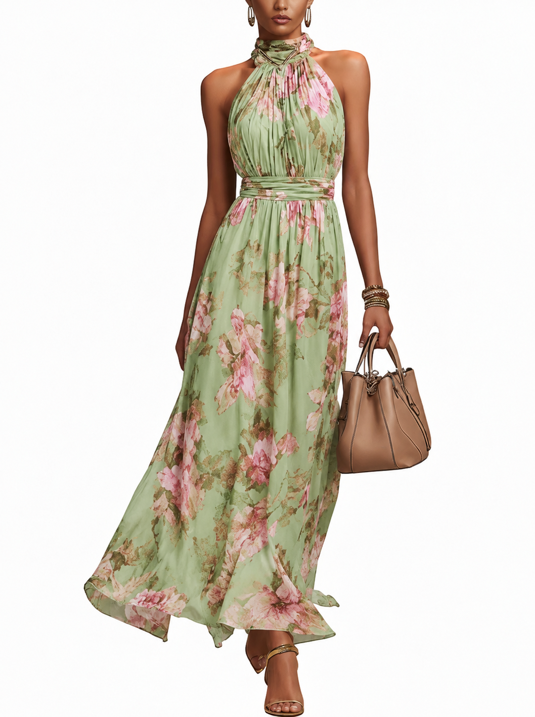 Maxi jurk met halterhals en bloemenprint voor dames in groen