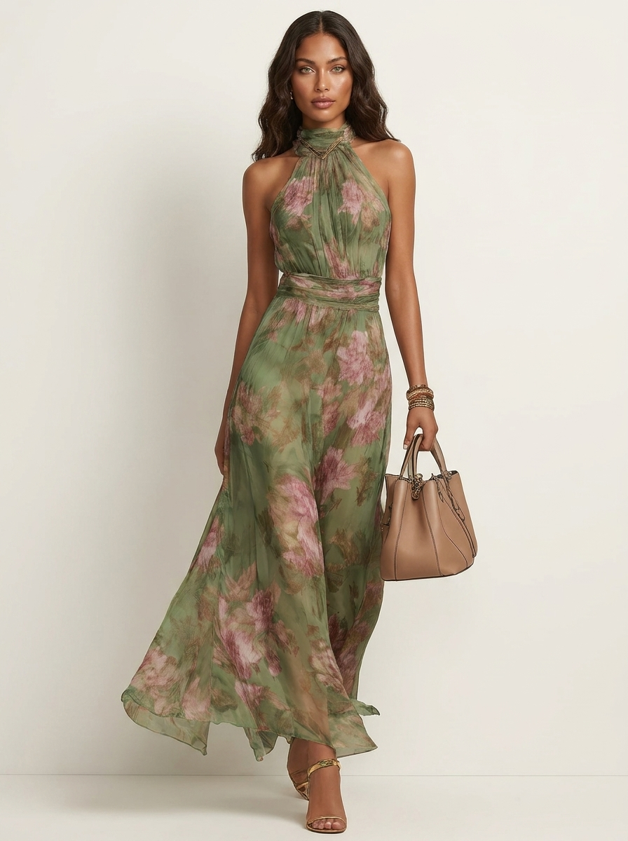 Maxi jurk met haltermodel en bloemenprint voor dames in groen