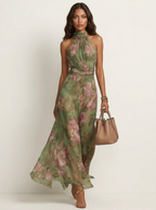 Maxi jurk met haltermodel en bloemenprint voor dames in groen