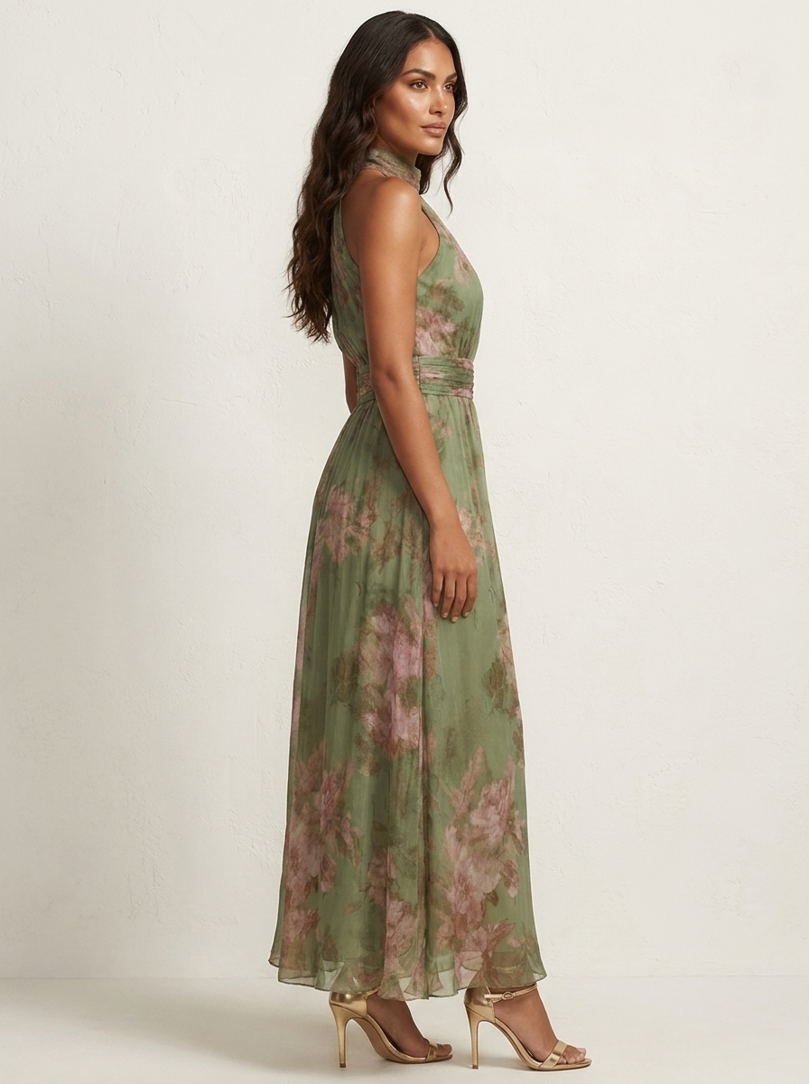 Maxi jurk met haltermodel en bloemenprint voor dames in groen