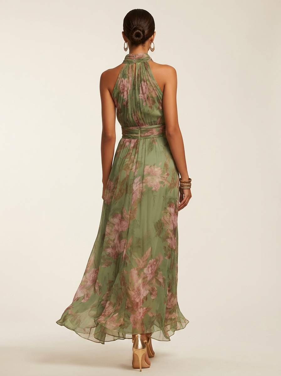 Maxi jurk met haltermodel en bloemenprint voor dames in groen