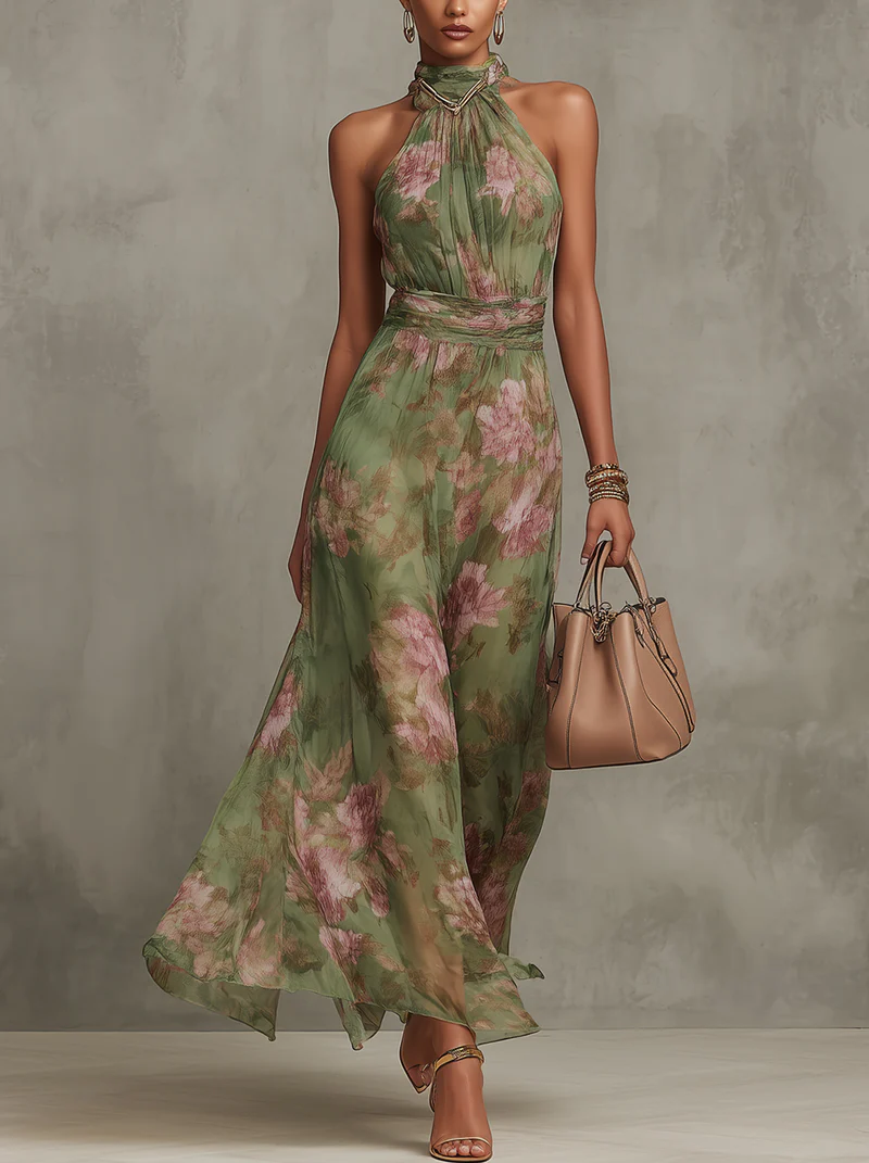 Maxi jurk met haltermodel en bloemenprint voor dames in groen