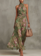 Maxi jurk met haltermodel en bloemenprint voor dames in groen