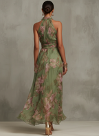 Maxi jurk met haltermodel en bloemenprint voor dames in groen