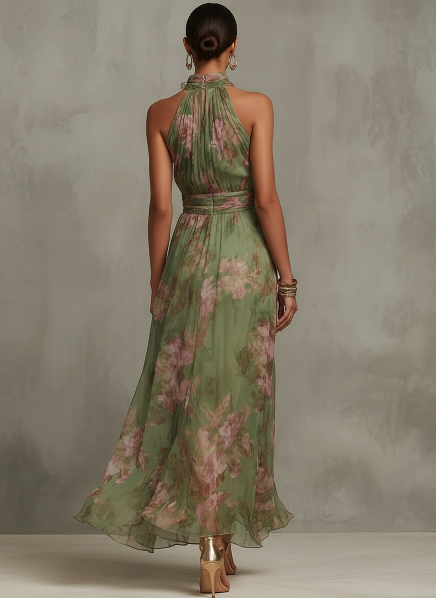 Maxi jurk met haltermodel en bloemenprint voor dames in groen