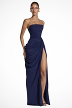 Strapless maxi jurk met drapering en split voor dames in donkerblauw