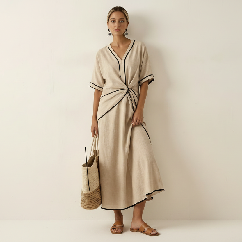 Maxi jurk met twistdetail en contrastbiezen in beige