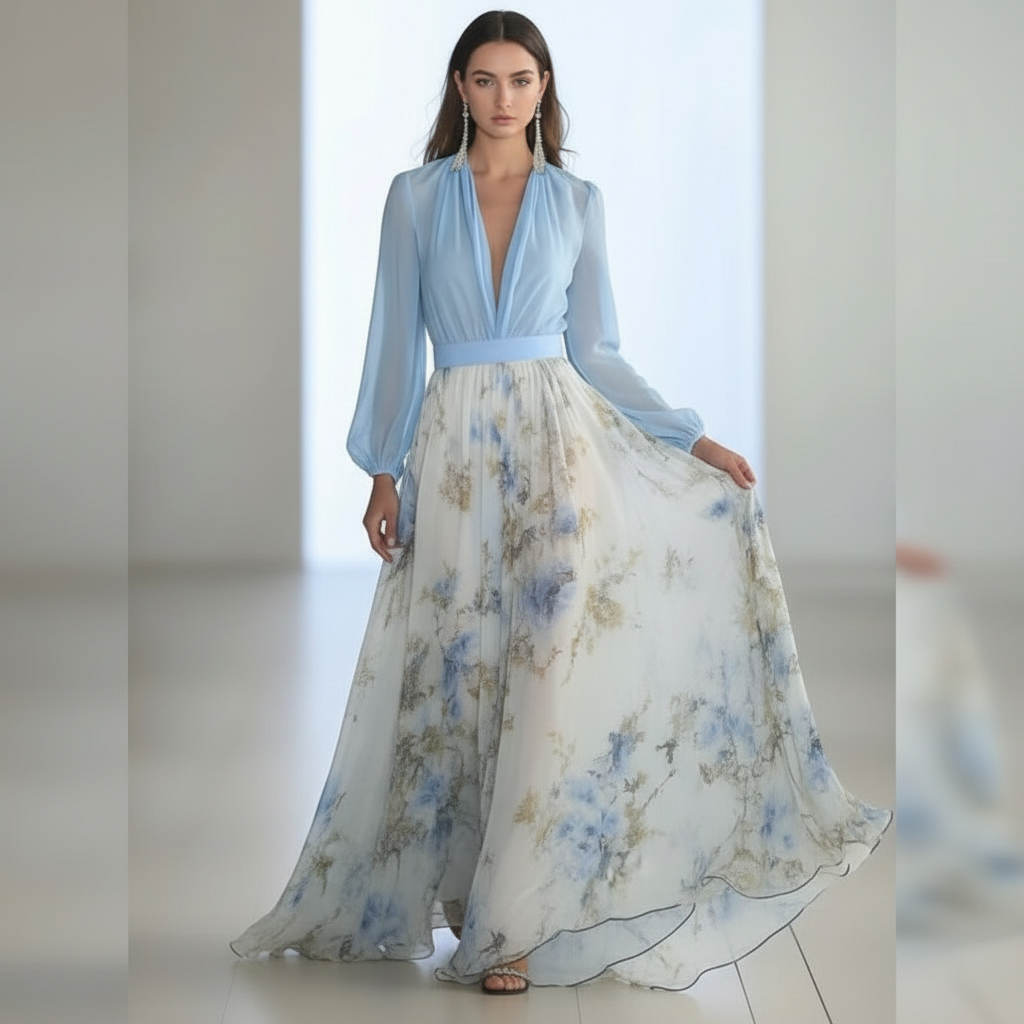 Maxi jurk met V-hals en zachte bloemenprint voor dames in bloemen